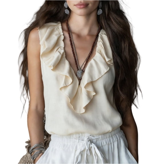 UDAUDU Womens Crop Tank Tops Sleeveless Ruffle Hem V Neck Shirts Casual Going Out Beach Vacation Blouses Beige L