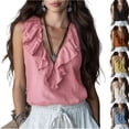 thumbnail image 1 of UDAUDU Womens Crop Tank Tops Sleeveless Ruffle Hem V Neck Shirts Casual Going Out Beach Vacation Blouses Pink S, 1 of 4