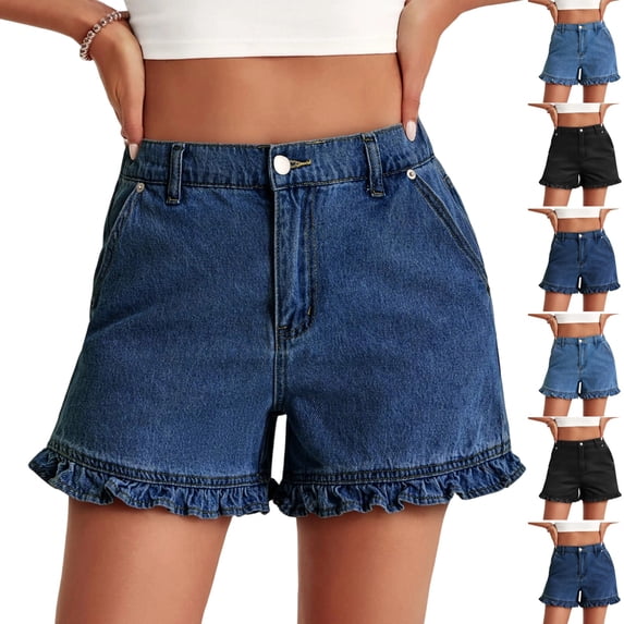 UDAUDU Womens Denim Shorts High Waisted Summer Ruffle Shorts Casual Cute Cotton Outdoor Short Jeans with Pockets Dark Blue M