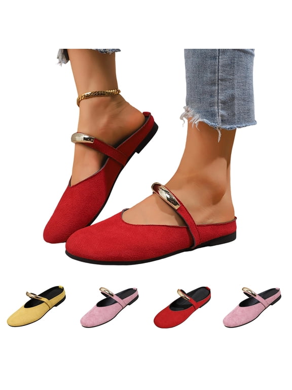 Womens Flats Mules Elegant Dressy Closed Toe Slip On Leather Shoes Adjustable Buckle Strap Mary Jane Casual Office Shoes Red US 6.5