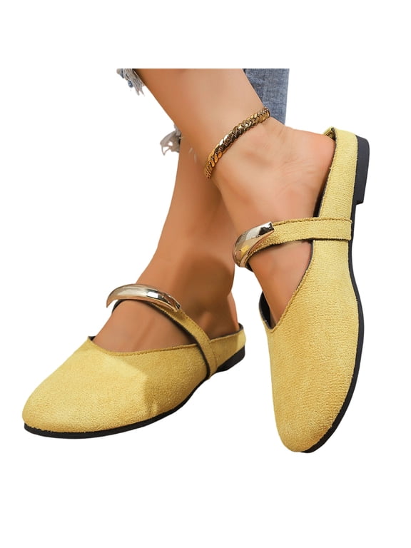 Womens Flats Mules Elegant Dressy Closed Toe Slip On Leather Shoes Adjustable Buckle Strap Mary Jane Casual Office Shoes Yellow US 6.5