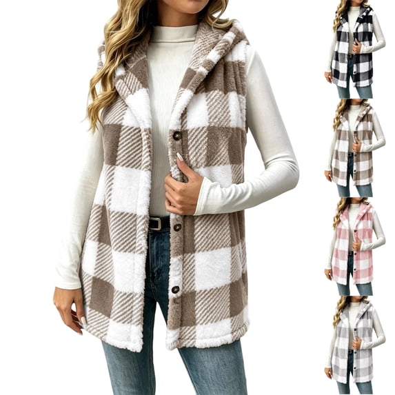 UDAUDU Womens Fleece Vests Fall Winter Fuzzy Button Down Hooded Plaid Vest | Fluffy Cute Plaid Checkered Vests Long Vests Holiday Sherpa Sleeveless Jacket Fall Clothes for Women XL