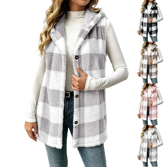 UDAUDU Womens Fleece Vests Fall Winter Fuzzy Button Down Hooded Plaid Vest | Fluffy Cute Plaid Checkered Vests Long Vests Holiday Sherpa Sleeveless Jacket Fall Clothes for Women L