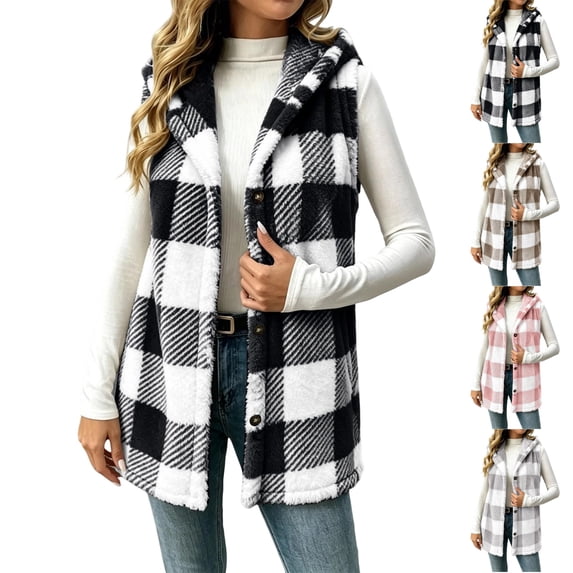 UDAUDU Womens Fleece Vests Fall Winter Fuzzy Button Down Hooded Plaid Vest | Fluffy Cute Plaid Checkered Vests Long Vests Holiday Sherpa Sleeveless Jacket Fall Clothes for Women XL