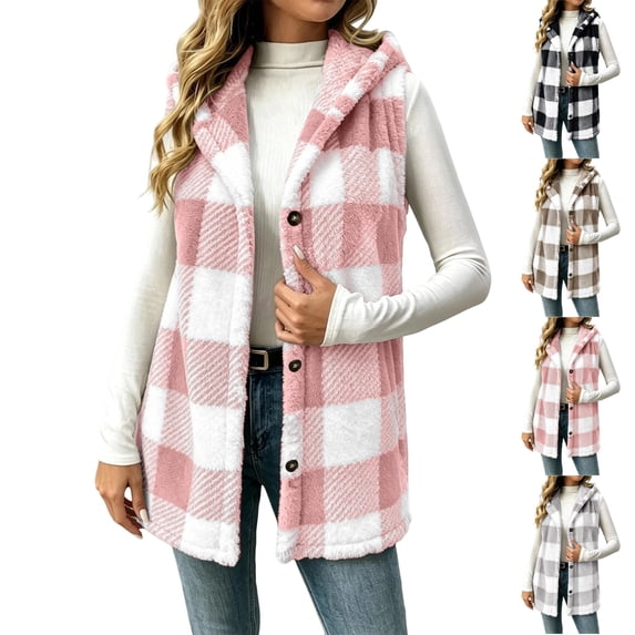 UDAUDU Womens Fleece Vests Fall Winter Fuzzy Button Down Hooded Plaid Vest | Fluffy Cute Plaid Checkered Vests Long Vests Holiday Sherpa Sleeveless Jacket Fall Clothes for Women S