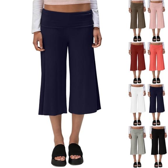 UDAUDU Womens Fold Over Gaucho Pants Low Rise Wide Leg Capris for Women Flowy Going Out Yoga Bottoms Wide Leg Capri Pants Navy L