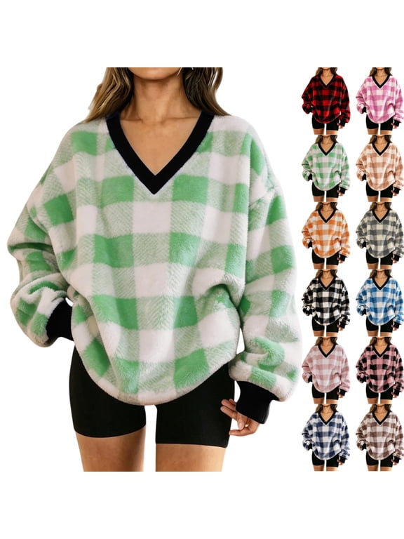 Womens Fuzzy Sweater Plaid Sherpa Fleece Pullover Sweaters Long Sleeve Oversized V Neck Fall Winter Sweatshirt with Pockets XL