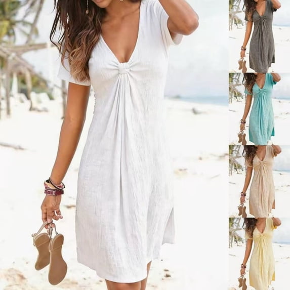 UDAUDU Womens Linen Dresses Casual Twist Front V Neck Ruffle Sleeve Flowy A Line Sundress Beach Summer Vacation Mini Dress with Pockets White L