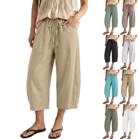 UDAUDU Womens Linen Pants Cropped Barrel Pants Drawstring Wide Leg Cotton Capris 2026 Casual Summer Boho Baggy Palazzo Trouser Beige S