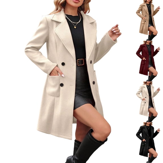 UDAUDU Womens Long Wool Coats Fall Winter Elegant Notched Collar Double Breasted Trench Midi Coat Peacoat 2XL
