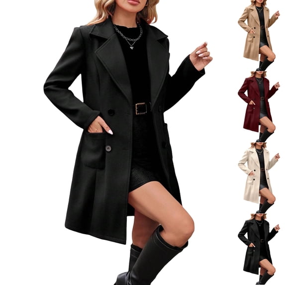 UDAUDU Womens Long Wool Coats Fall Winter Elegant Notched Collar Double Breasted Trench Midi Coat Peacoat L