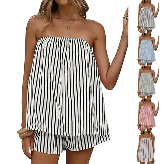 UDAUDU Womens Matching Sets Summer 2 Piece Outfit Sets Striped Tube Top Shorts Sets Summer Cute Outfits Y2K Going Out Top Black S