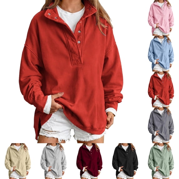 UDAUDU Womens Oversized Sweatshirt Casual Button Henley Neck Sweatshirt Long Sleeve Loose Fit Pullover Tops Fashion Outfits Clothes M