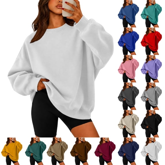 UDAUDU Womens Oversized Sweatshirts Crewneck Long Sleeve Fleece Pullover Tops Fall Y2k Sweater Cute Hoodies White S