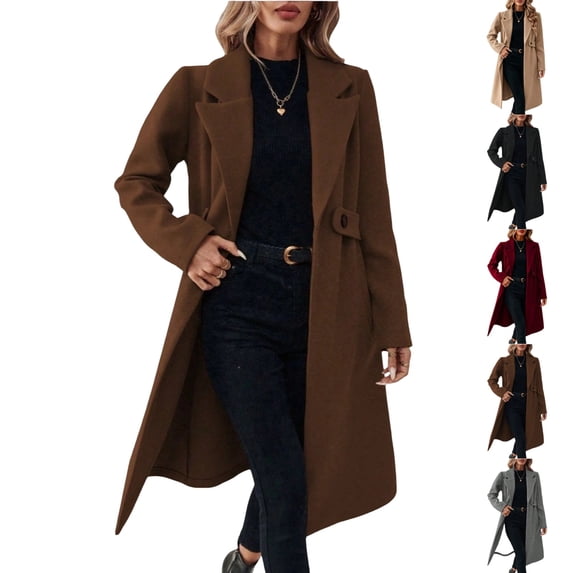 UDAUDU Womens Pea Coat Notched Lapel Collar Double Breasted Fall Winter Trendy Casual Wool Blend Trench Mid Long Coat 2XL