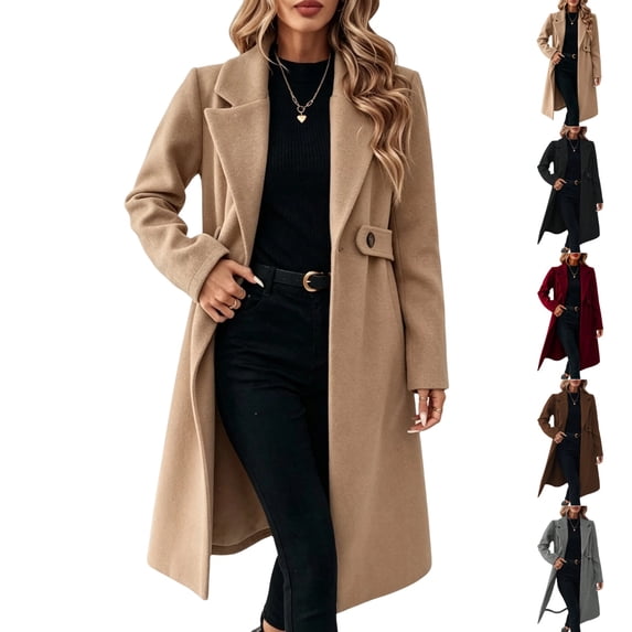UDAUDU Womens Pea Coat Notched Lapel Collar Double Breasted Fall Winter Trendy Casual Wool Blend Trench Mid Long Coat S