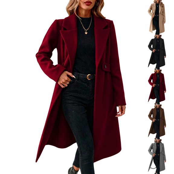 UDAUDU Womens Pea Coat Notched Lapel Collar Double Breasted Fall Winter Trendy Casual Wool Blend Trench Mid Long Coat S