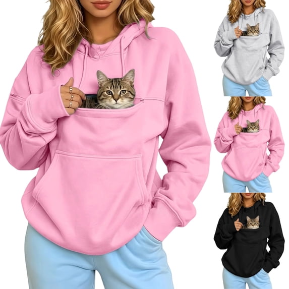 UDAUDU Womens Pet Pouch Hoodie Cat Carrier Hoodie Dog Oversized Long Sleeve Drawstring Sweatshirt With Pockets L