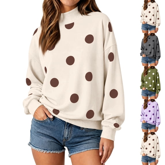 UDAUDU Womens Polka Dot Sweatshirts Mock Neck Long Sleeve Pullover Tops Oversized Y2K 2026 Fall Fashion Outfits Loose Fit Cute Casual Sweatshirt S