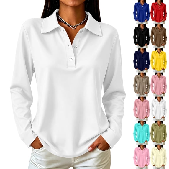 UDAUDU Womens Polo Shirts Long Sleeve Collared Tops Button Down Shirts Casual Work Loose Fit Tops Soft Solid Fall Fashion Clothing S