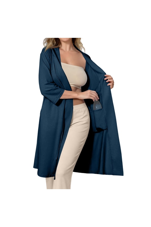 Womens Post Surgery Mastectomy Robe with Internal Drain Pockets Comfortable 3/4 Sleeve Night Gowns Pajama Dress Shirts Dark Blue M