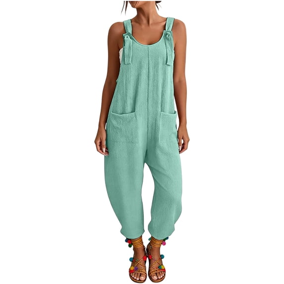 UDAUDU Womens Rompers Casual Dressy Jumpsuits Loose Fit Sleeveless Baggy Harem Pants Romper Jumpers Summer Outfits Mint Green L