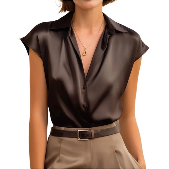UDAUDU Womens Satin Button Down Shirts Sleeveless Summer Silk Tank Tops Collared Business Casual Outfits Black S
