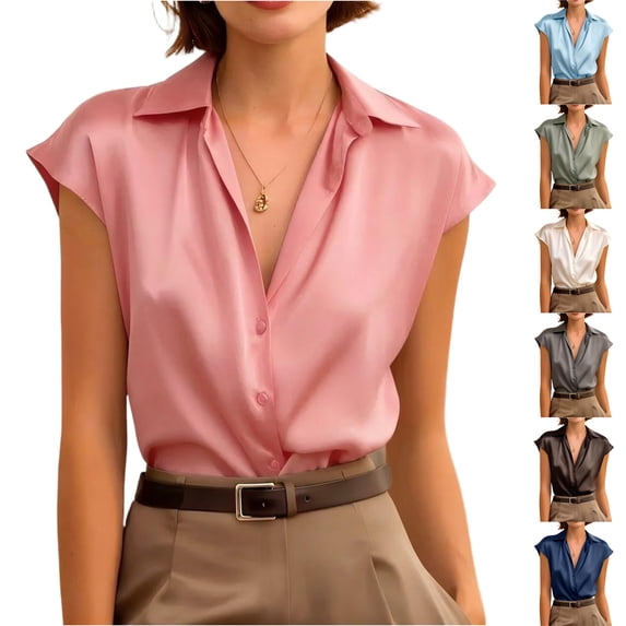 UDAUDU Womens Satin Button Down Shirts Sleeveless Summer Silk Tank Tops Collared Business Casual Outfits Pink L