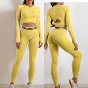 UDAUDU Womens Seamless 2 Piece Yoga Set Short Sleeve Crop Top And High Waist Leggings Exercise Outfit Yellow S