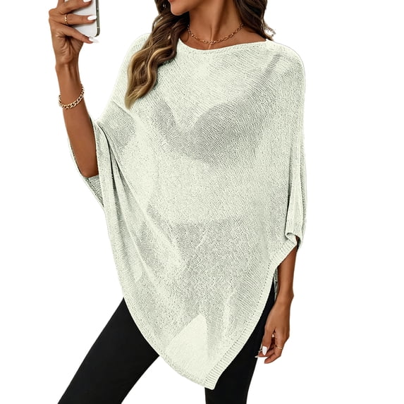 UDAUDU Womens Sheer Knit Poncho Crochet 2026 Summer Tops See Through Mesh Spring Loose Sweaters Beach Vacation Cover Ups White