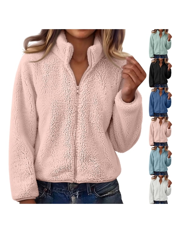 Womens Sherpa Fleece Jacket Zip Up Long Sleeve High Neck without Hood Warm Teddy Jackets Cozy Fluffy Fuzzy Sweater Coats M