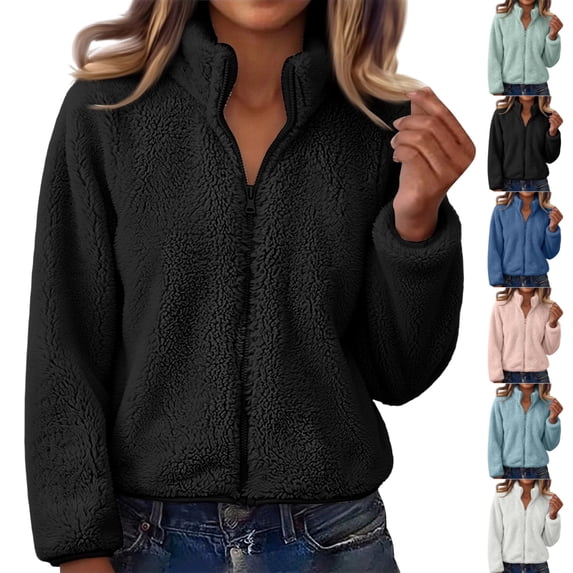 UDAUDU Womens Sherpa Jacket Fuzzy Full Zip High Neck Long Sleeve Coat Lightweight Fall Winter Fashion Teddy Outwear with Pocket 3XL