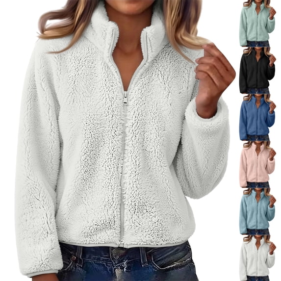 UDAUDU Womens Sherpa Jacket Fuzzy Full Zip High Neck Long Sleeve Coat Lightweight Fall Winter Fashion Teddy Outwear with Pocket L