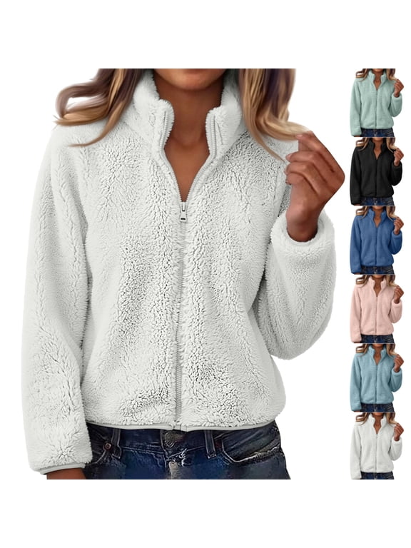 Womens Sherpa Jacket Fuzzy Full Zip High Neck Long Sleeve Coat Lightweight Fall Winter Fashion Teddy Outwear with Pocket XL