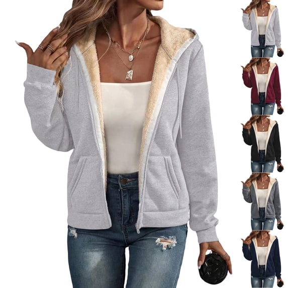 UDAUDU Womens Sherpa Lined Jacket Fleece Drawstring Full Zip Up Hoodies Oversized Long Sleeve Thermal Fall Winter Coats Light Gray M
