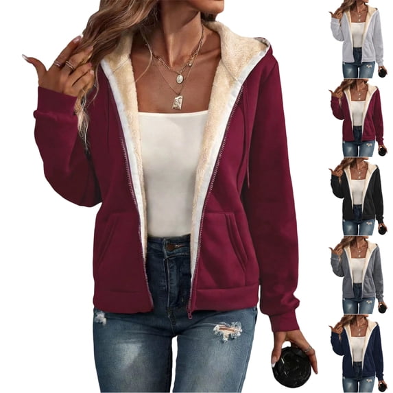 UDAUDU Womens Sherpa Lined Jacket Fleece Drawstring Full Zip Up Hoodies Oversized Long Sleeve Thermal Fall Winter Coats Wine M
