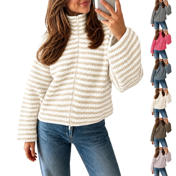 UDAUDU Womens Striped Cardigan Sweater Mock Neck Fall Knit Zip Up Long Sleeve Loose Fit Trendy Office Travel Casual Wear 2XL