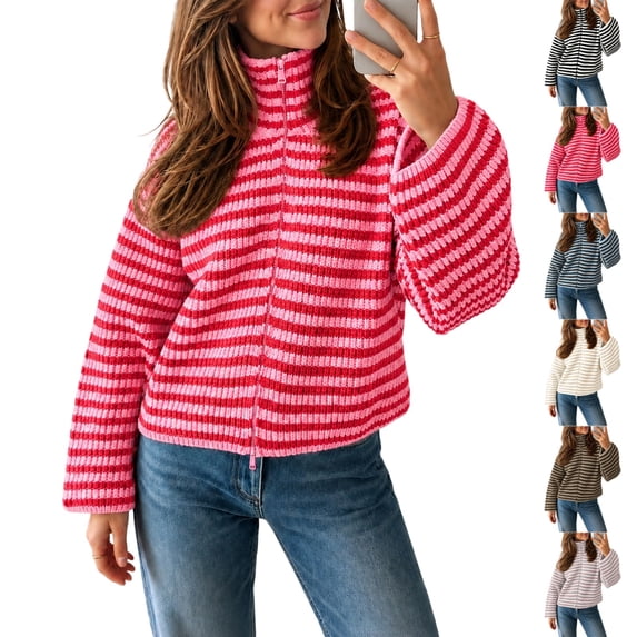 UDAUDU Womens Striped Cardigan Sweater Mock Neck Fall Knit Zip Up Long Sleeve Loose Fit Trendy Office Travel Casual Wear M