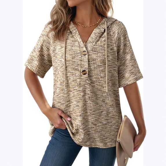 UDAUDU Womens Summer Tops 2026 Short Sleeve Button V Neck Waffle Knit Lightweight Drawstring Hoodies Spring Fashion Casual Blouses Shirts Khaki M
