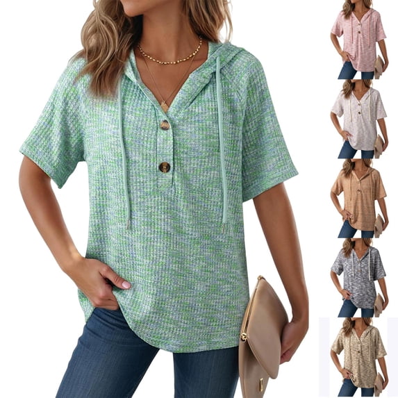 UDAUDU Womens Summer Tops 2026 Short Sleeve Button V Neck Waffle Knit Lightweight Drawstring Hoodies Spring Fashion Casual Blouses Shirts Mint Green 2XL