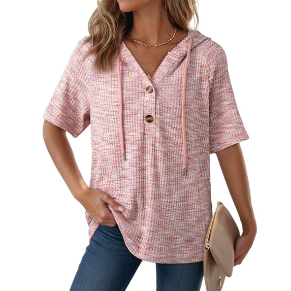 UDAUDU Womens Summer Tops 2026 Short Sleeve Button V Neck Waffle Knit Lightweight Drawstring Hoodies Spring Fashion Casual Blouses Shirts Pink L