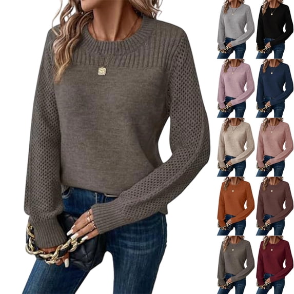 UDAUDU Womens Sweaters Casual Long Sleeve Crewneck Fall Fashion Crochet Knit Pullover Sweater Tops Trendy Outfits Dark Gray XL