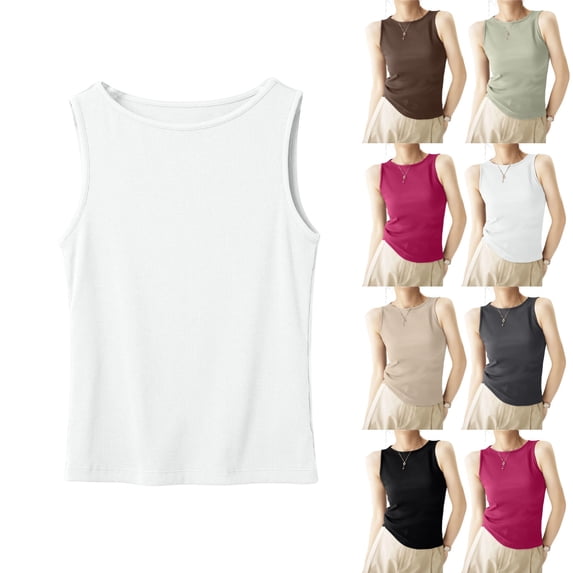 UDAUDU Womens Tank Tops Sleeveless Crew Neck Ribbed Casual Basic Summer Top Slim Fitted Going Out Shirts White S