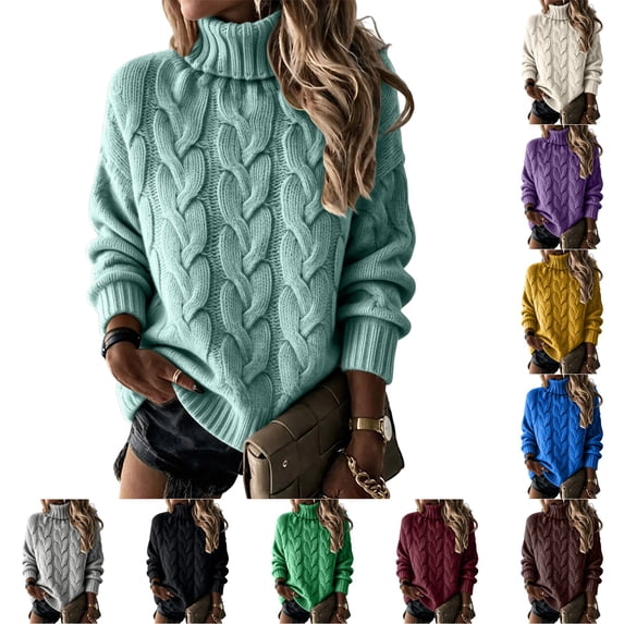 UDAUDU Womens Turtleneck Cable Knit Sweaters Pullover Tops | Fall Winter Soft Cozy Trendy Outfits Casual Work Cute Long Sleeve Clothes L
