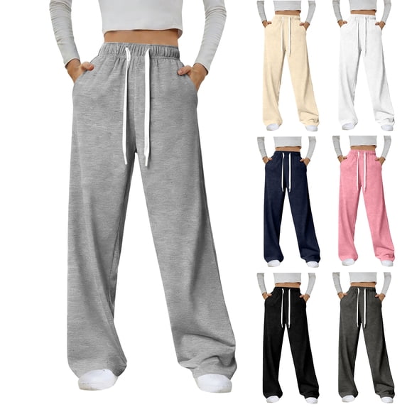 UDAUDU Womens Wide Leg Sweat Pants 2026 Spring Summer High Waisted Baggy Sweatpants Casual Drawstring Workout Pants with Pockets Light Gray 2XL