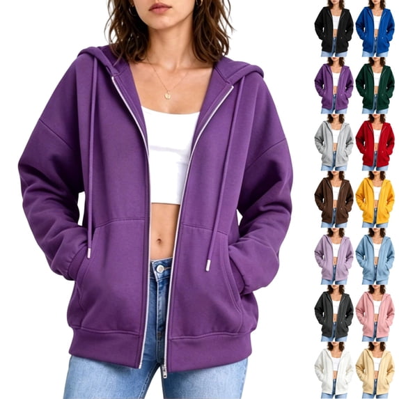 UDAUDU Womens Zip Up Hoodies 2026 Fall Winter Long Sleeve Hoodies Oversized Sweatshirts Fall Sweaters Casual Y2K Jackets Clothes Purple L