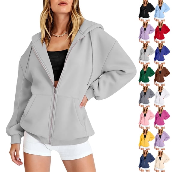 UDAUDU Womens Zip Up Hoodies Long Sleeve Oversized Sweatshirts Fleece Y2K Jacket Pockets Fashion Fall Outfits Fashion Clothes Light Gray 2XL