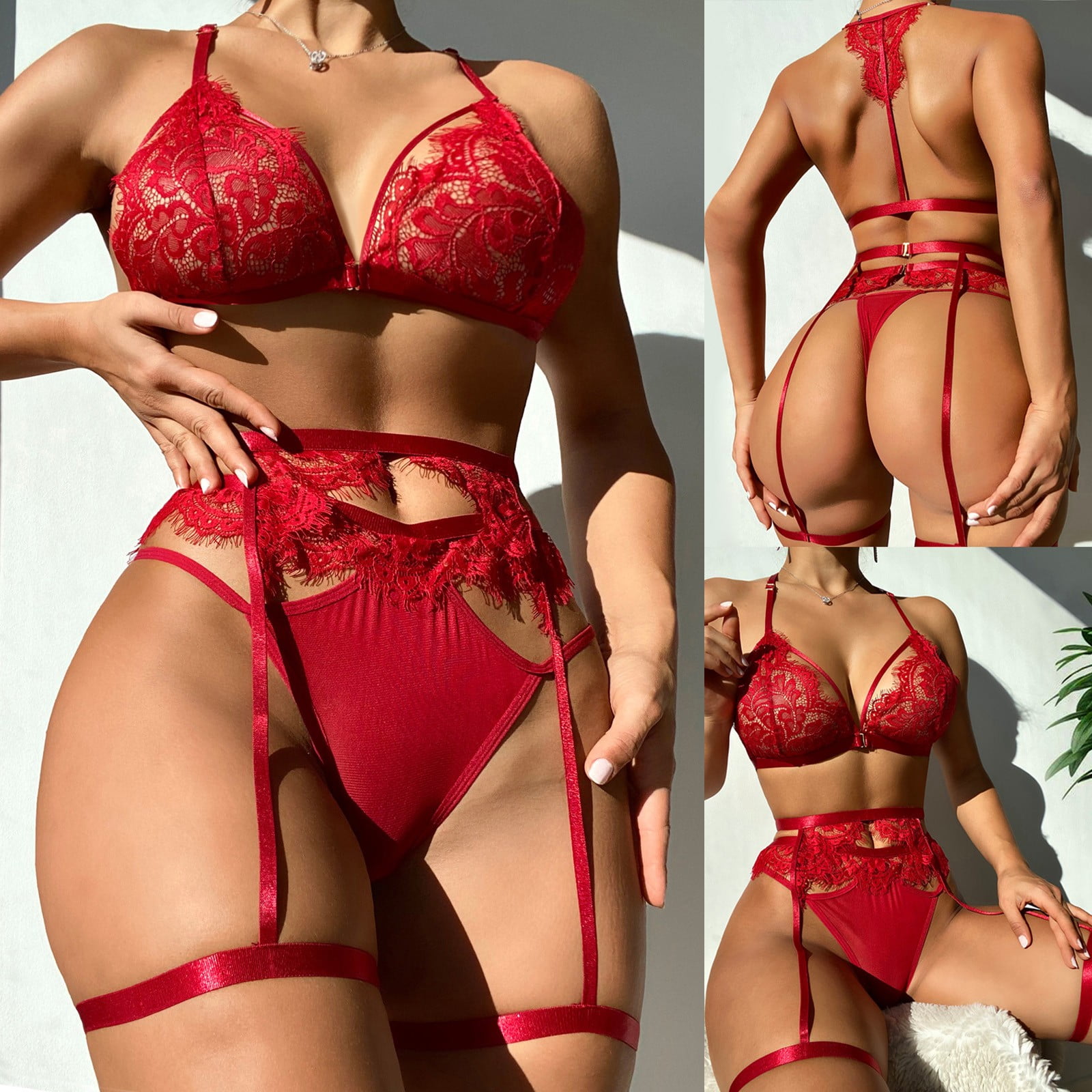UDAXB Lingerie 3PC-Women Wireless Bra Sexy Underwear G-String Garter Set  Wine-Red Sexy Lingerie