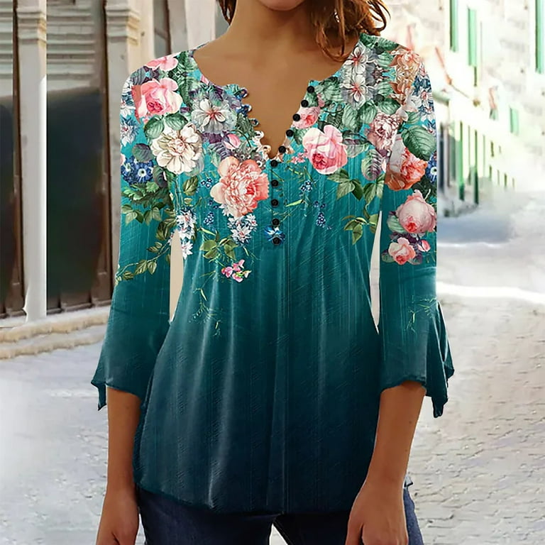 UDAXB Womens Blouses Peplum Solid 3/4 Sleeve Plus Size Women's Plus Shirts  Henley Summer Tops Green XXXL 
