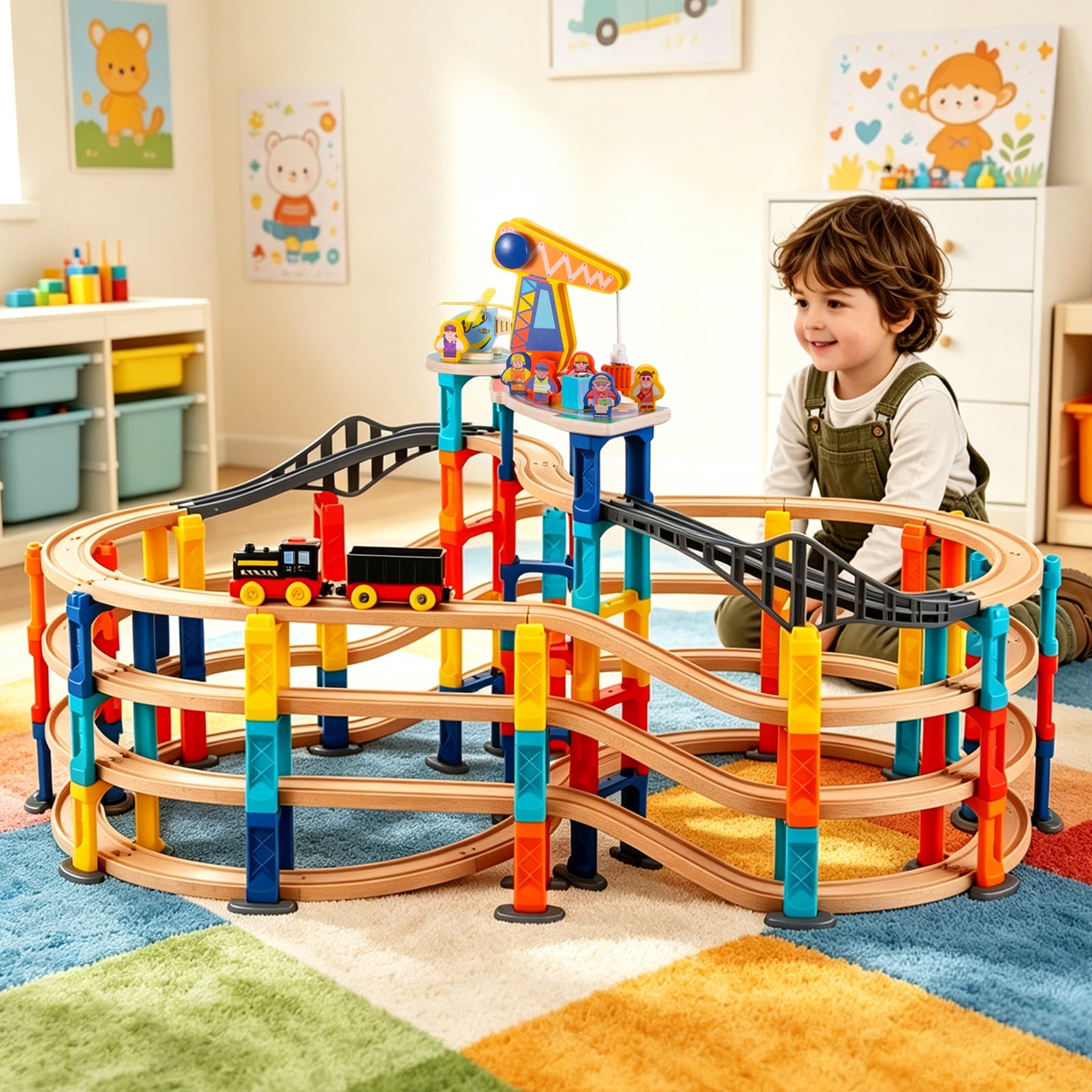 UDEAS 120Pcs Wooden Train Tracks Set, 398-inch Track Expansion, Toddler Railway Bridge Toy Train Set with Airplane and Magnetic Crane, Birthday Gifts for Boys and Girls